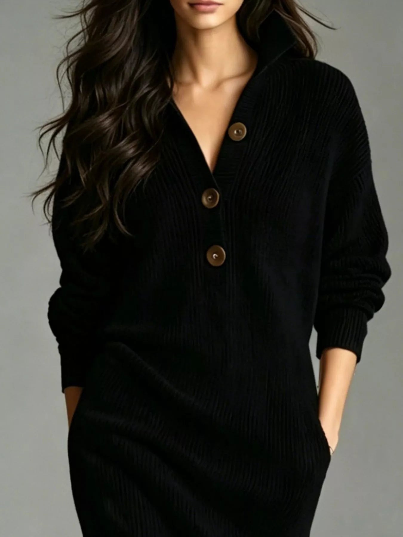Long-sleeve ribbed knit midi dress with V-neck, half-button front, and side pockets