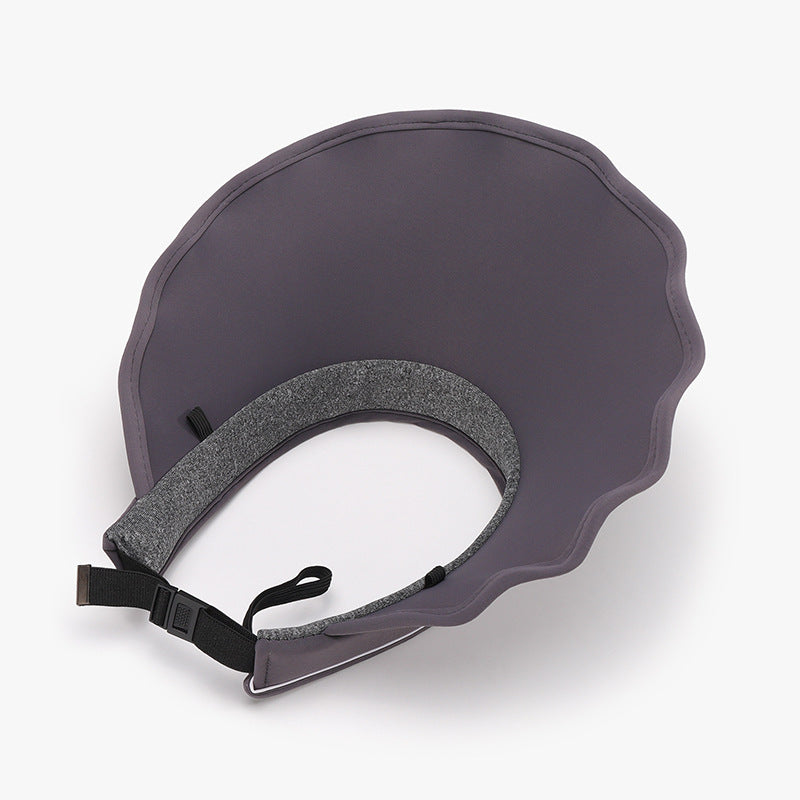Dark gray adjustable ice silk sun hat with a wide 5.3-inch softly undulating brim, visor-inspired silhouette, inner band, and rear buckle strap.