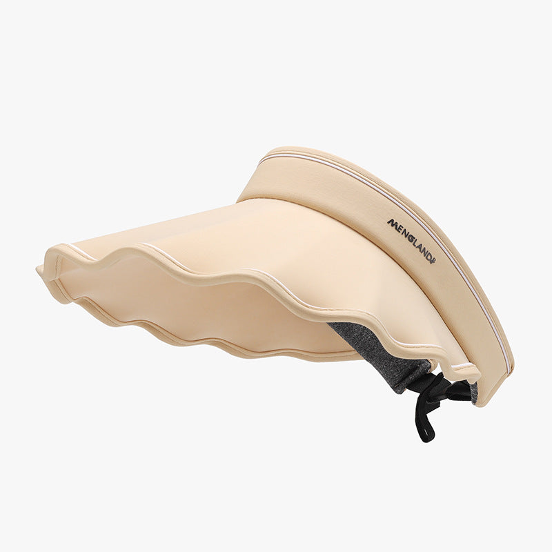 Beige adjustable ice silk sun hat with a visor-inspired silhouette, wide 5.3-inch softly undulating brim, smooth PVC construction, and visible chin strap.