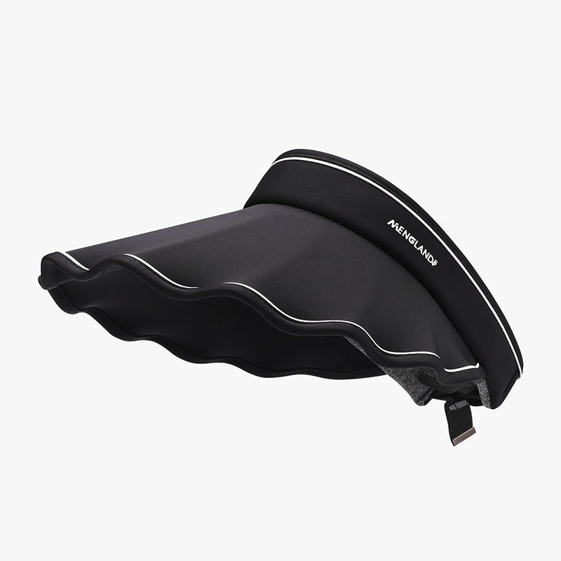 Black adjustable ice silk sun hat with a visor-inspired silhouette, wide softly undulating brim, contrasting white edge piping, and a visible rear fastening strap.