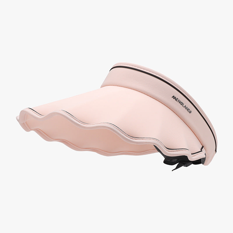 Pink adjustable ice silk sun hat with a visor-inspired silhouette, wide softly undulating brim, smooth construction, and contrasting black trim.