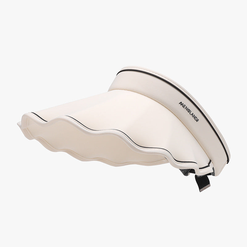 Cream adjustable ice silk sun hat with a visor-style crown, wide softly undulating brim, black edge piping, and a visible rear fit strap.