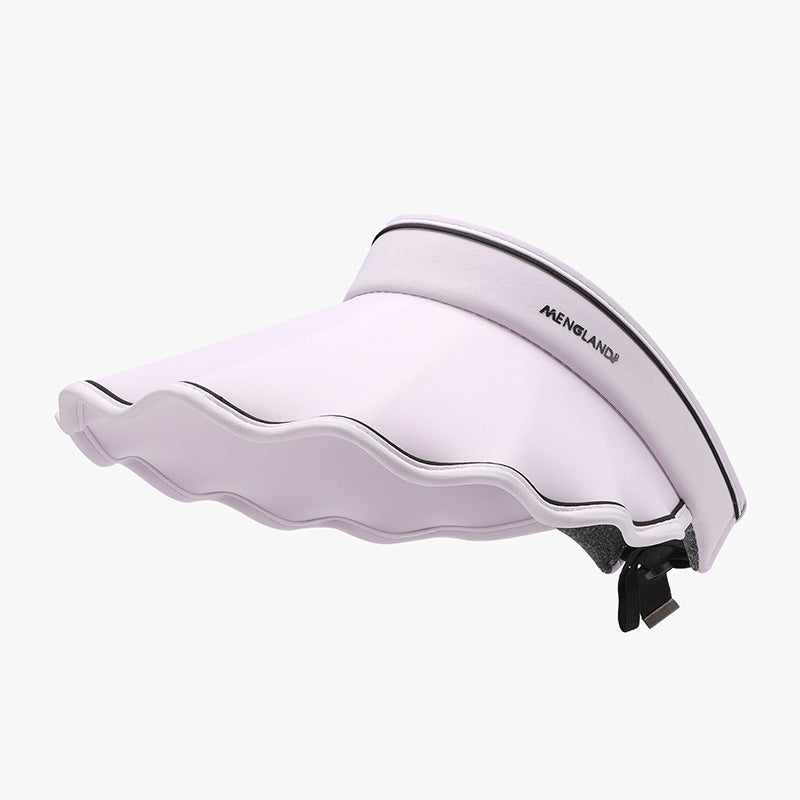 Lavender adjustable ice silk sun hat with a visor-inspired crown, wide softly undulating brim, black piping, and a visible rear adjustment strap.