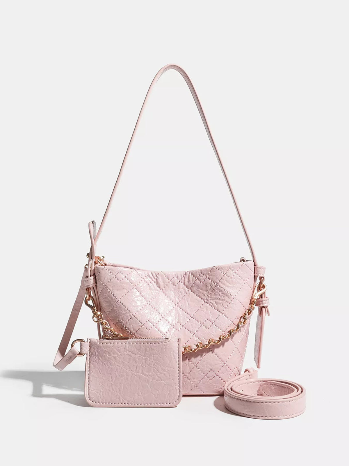 Small pink PU leather bucket bag with a quilted diamond pattern, adjustable strap, gold-tone chain detail, and matching detachable pouch.