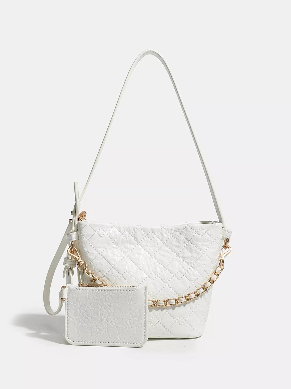 Small white PU leather bucket bag with a quilted diamond texture, adjustable strap, gold-tone chain detail, and a matching front pouch.