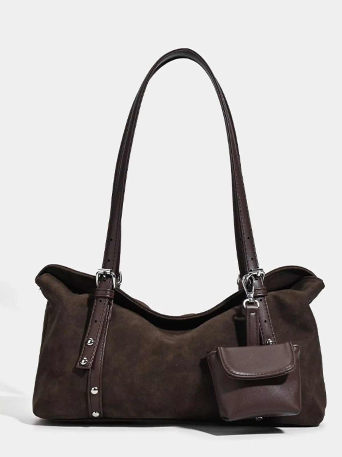 Medium dark brown suede shoulder bag with an adjustable strap, slouchy silhouette, structured trim, silver-tone hardware, and a front flap pocket.