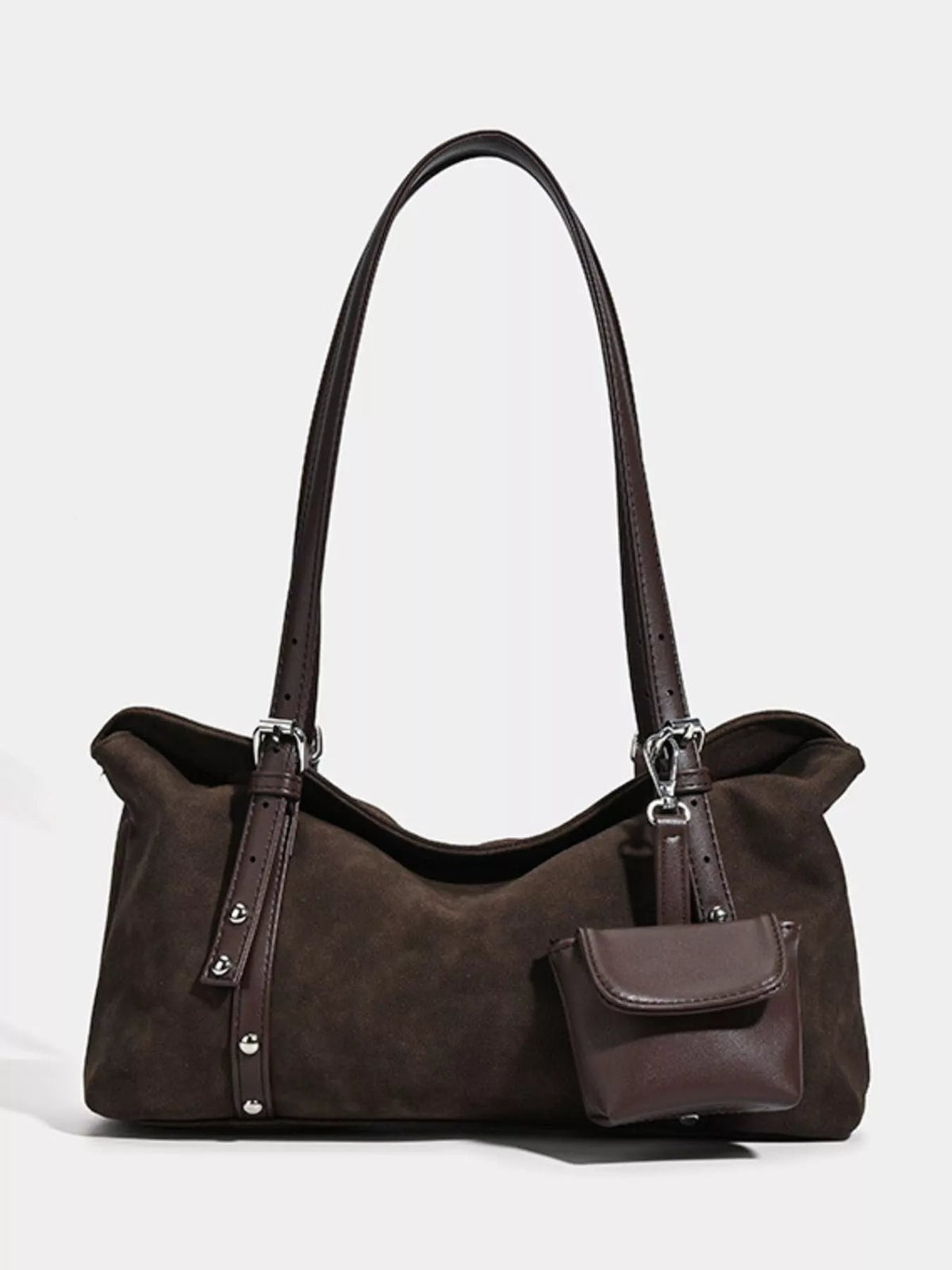Medium brown suede shoulder bag with an adjustable strap, slouchy silhouette, structured trim, silver-tone hardware, and a front flap pocket.