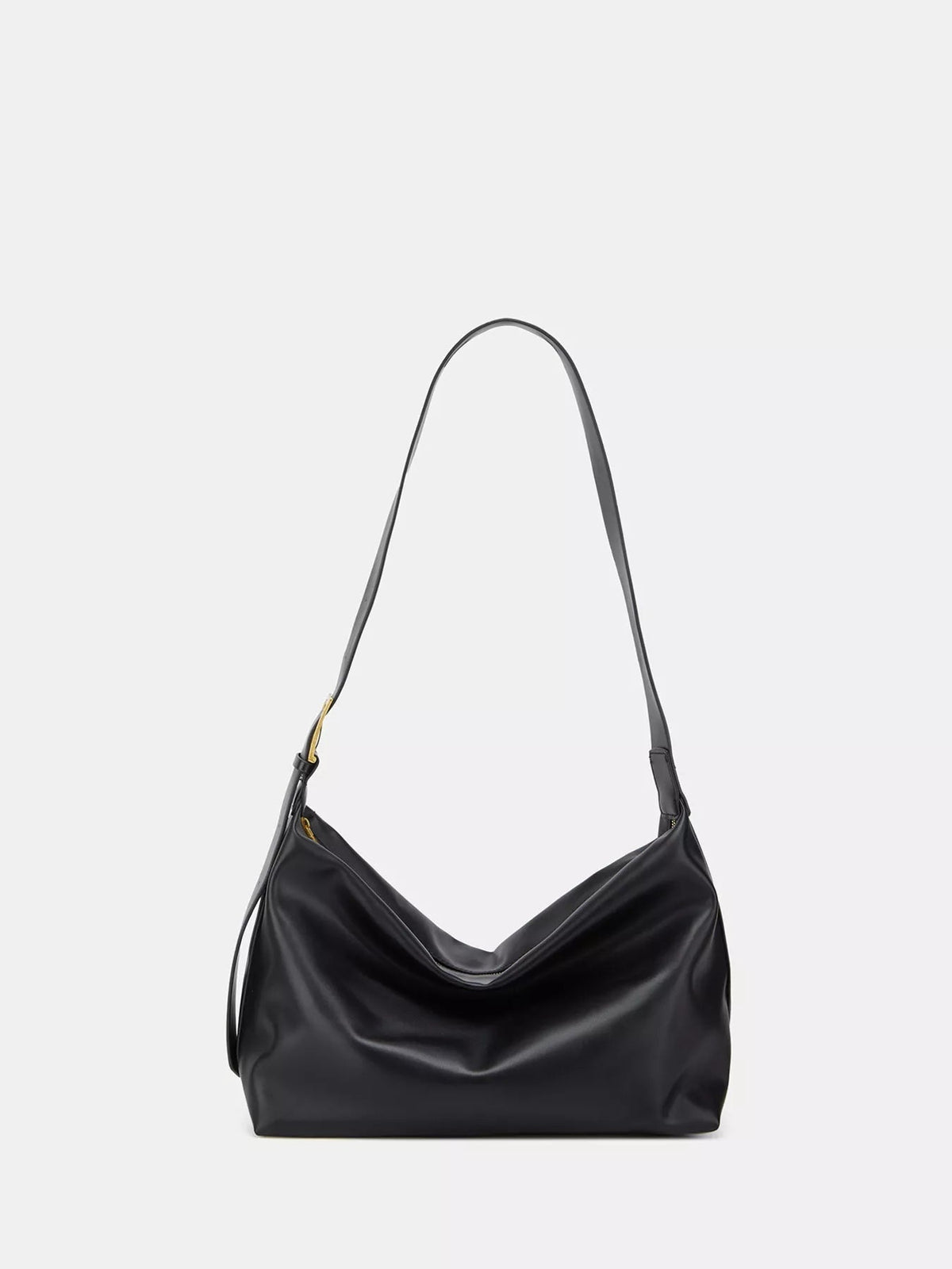 Black medium PU leather shoulder bag with a slouchy silhouette, soft gathered construction, and a long adjustable strap with gold-tone hardware.