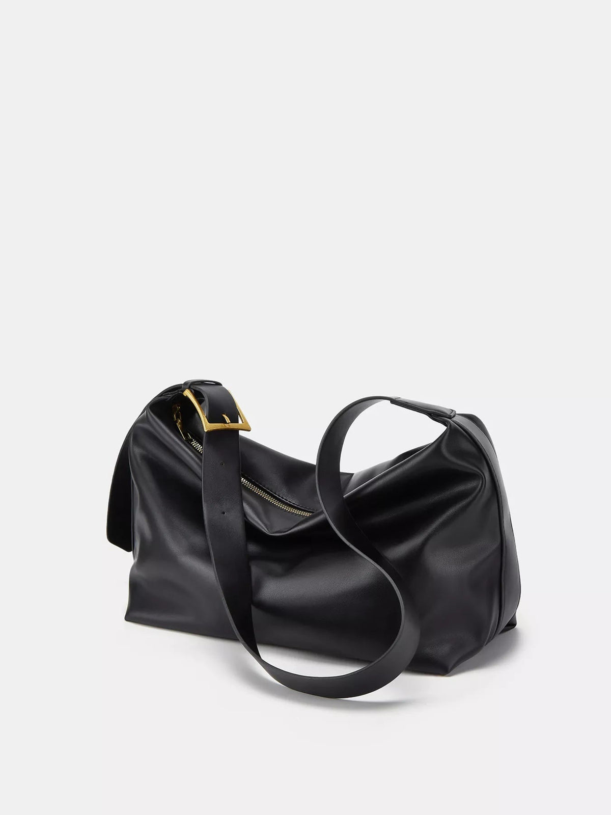 Black medium PU leather shoulder bag with an adjustable strap, slouchy silhouette, gold buckle detail, and top zipper closure.