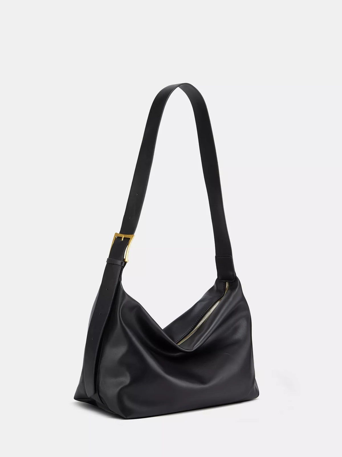 Black PU leather shoulder bag with an adjustable strap, slouchy medium silhouette, gold-tone buckle, and diagonal zip closure.