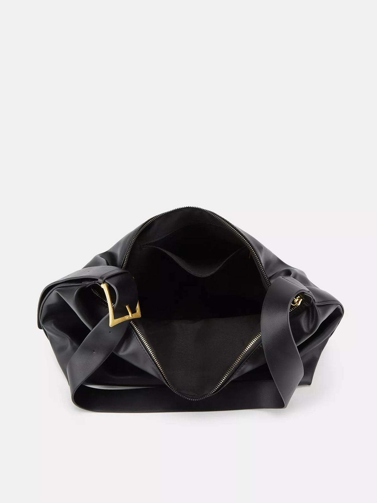 Black medium PU leather shoulder bag shown open, featuring an adjustable strap with gold buckle hardware, a spacious interior, and zippered closure.