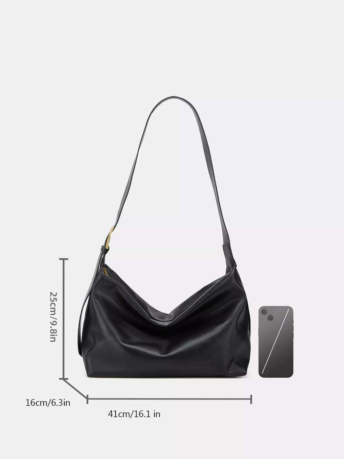 Black PU leather shoulder bag with an adjustable strap, soft slouchy silhouette, draped top opening, and gold-tone hardware.