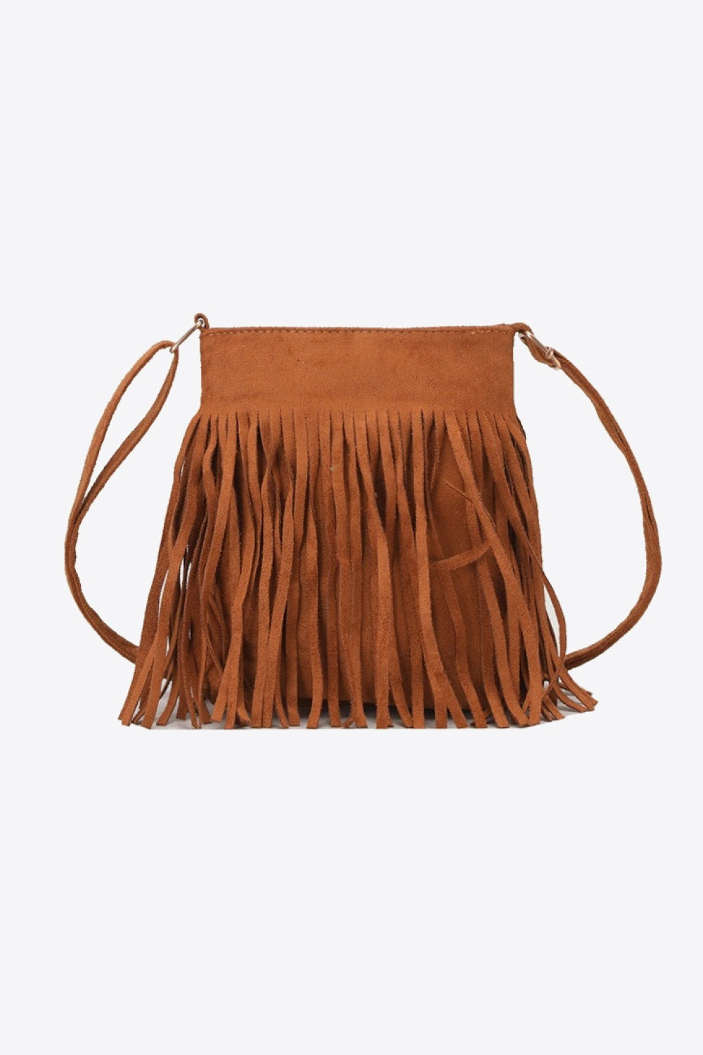 Small brown PU leather crossbody sling bag with a rectangular top, long layered fringe detailing, and a slim shoulder strap.