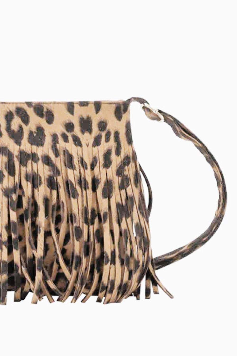 Small leopard-print PU leather crossbody bag with a compact silhouette, long fringe trim along the bottom, and a slender crossbody strap.