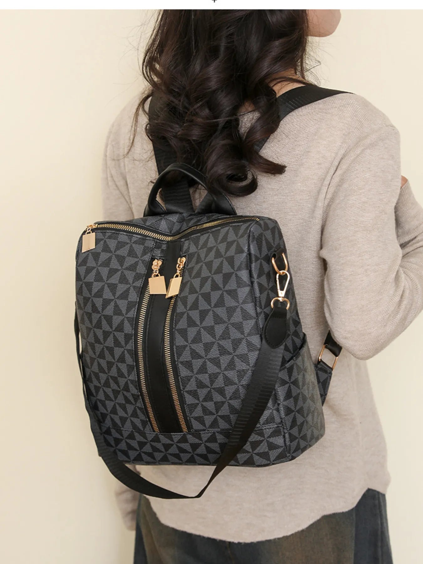 Geometric Pattern Backpack Bag - Medium PU Leather.