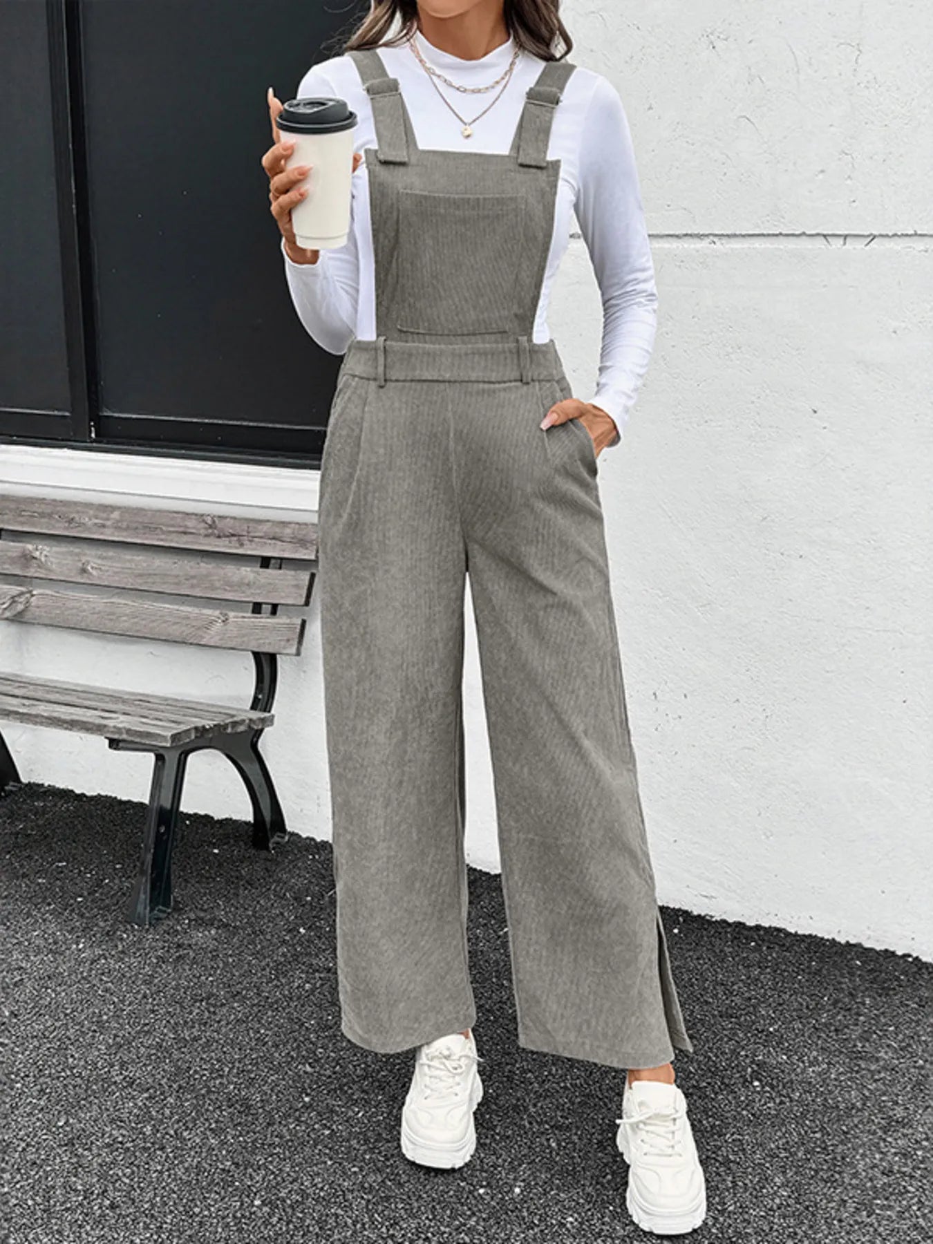 Slit Wide Leg Overalls with Pockets.