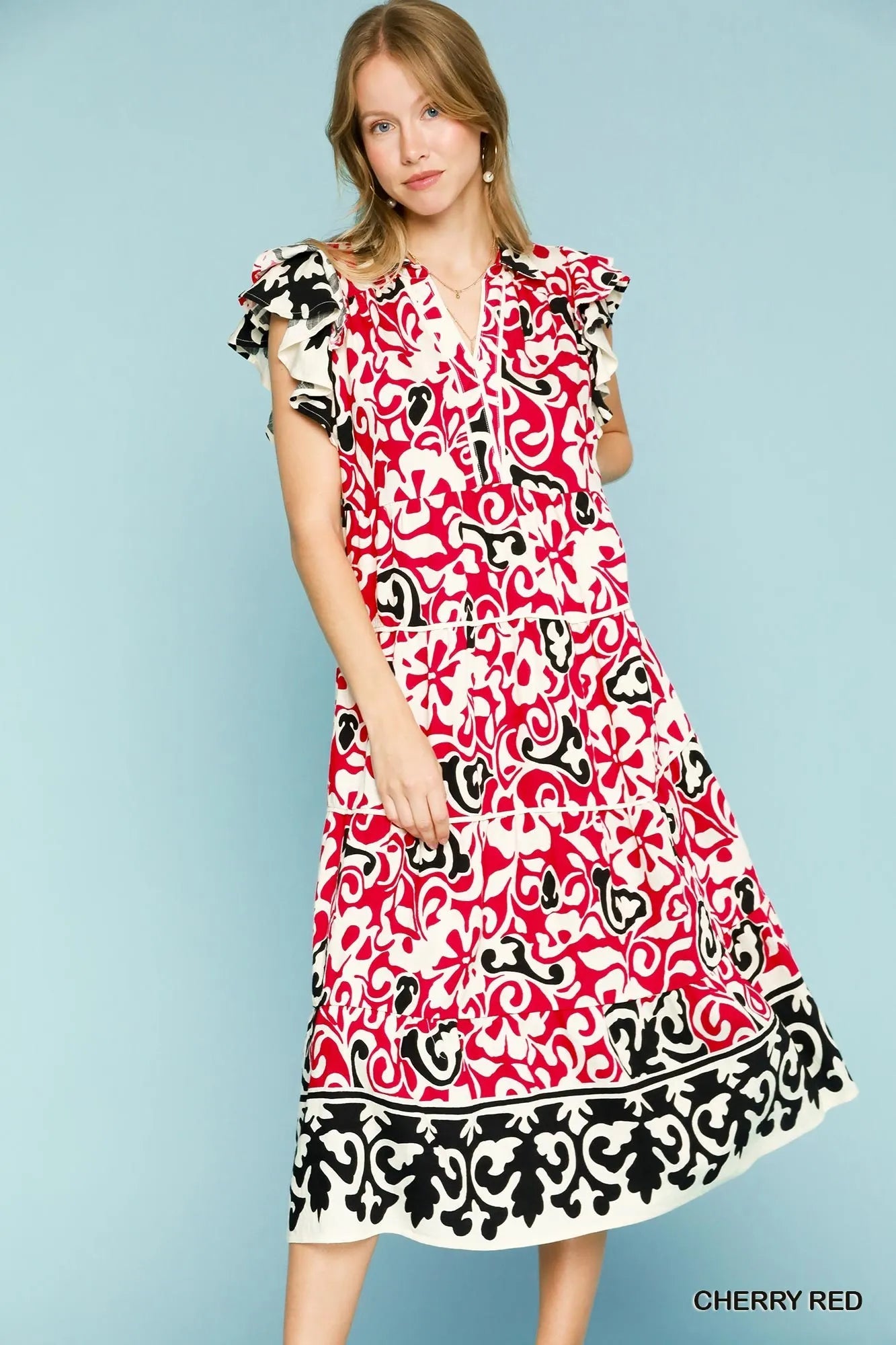 Printed Ruffled Layered Tube Dress with Zipper.