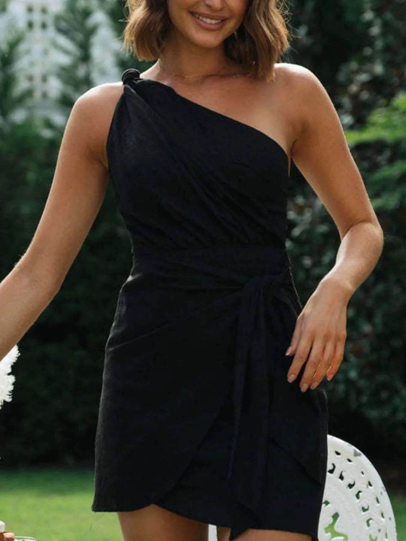 Plus Size Ruched Round Neck Sleeveless Dress - Asymmetrical.