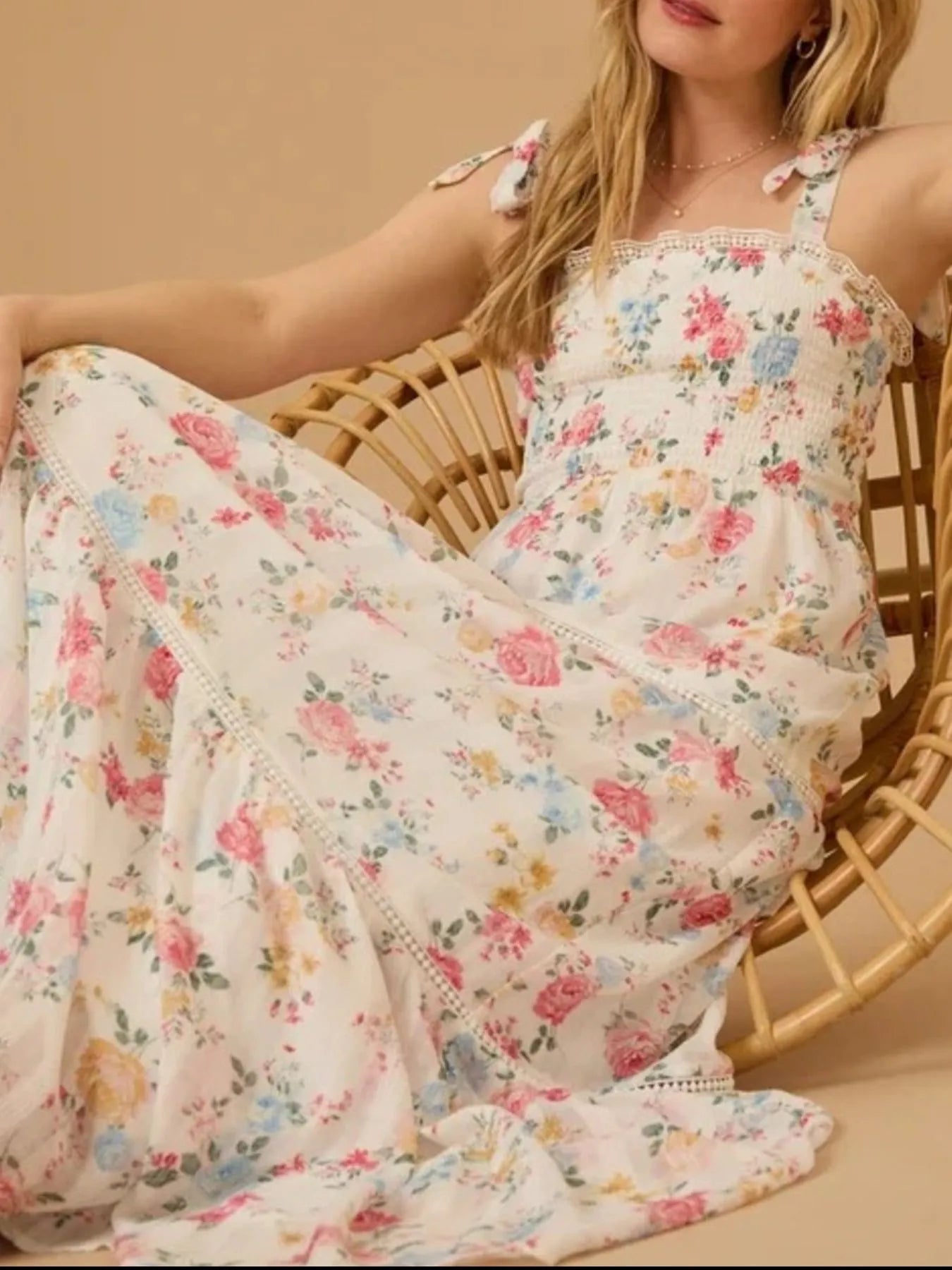 Floral Smocked Tie-Shoulder Midi Dress - Tiered.