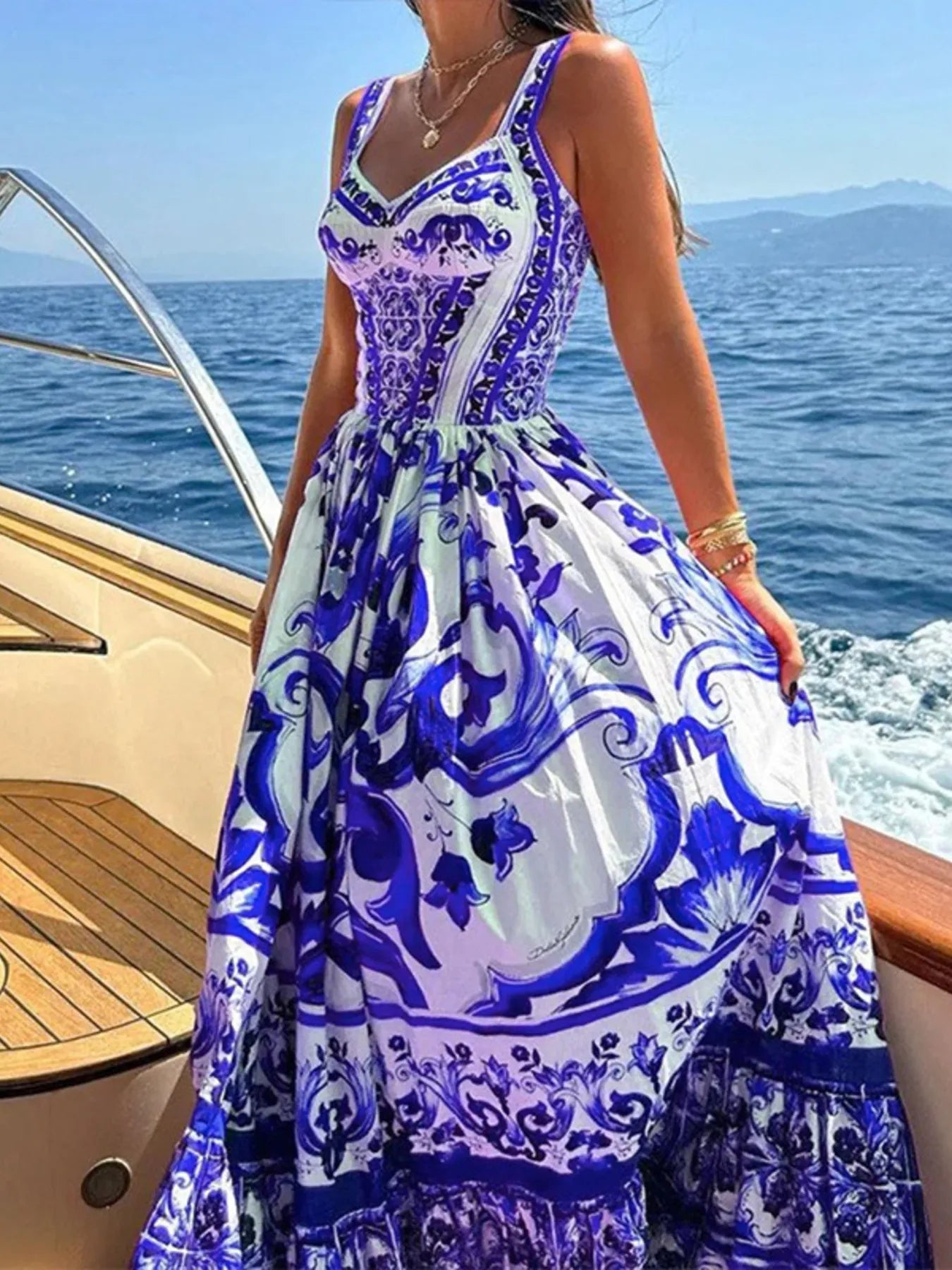 Printed Tie Neck Balloon Sleeve Dress.