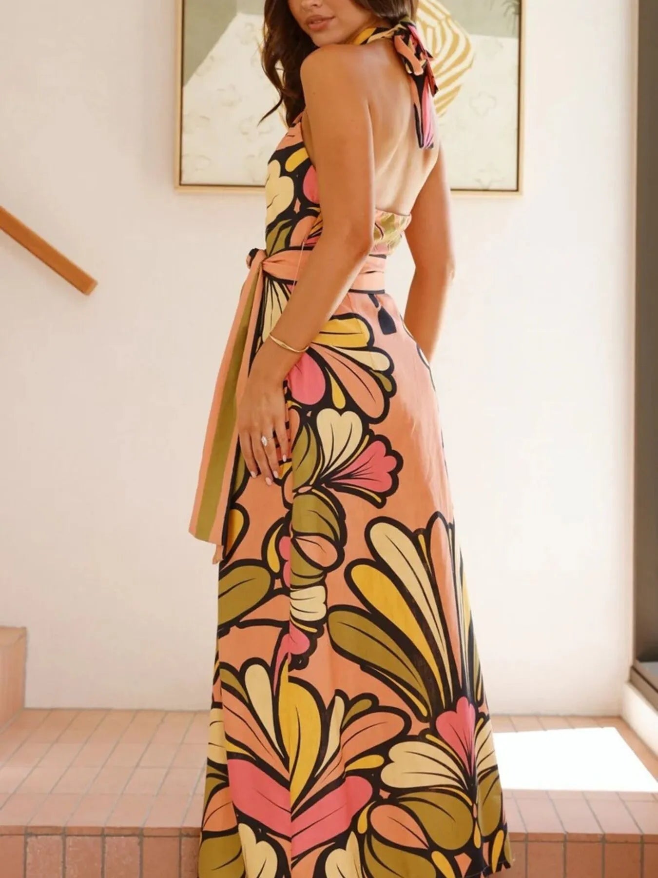 Printed Halter Neck Midi Dress with Ruffles.