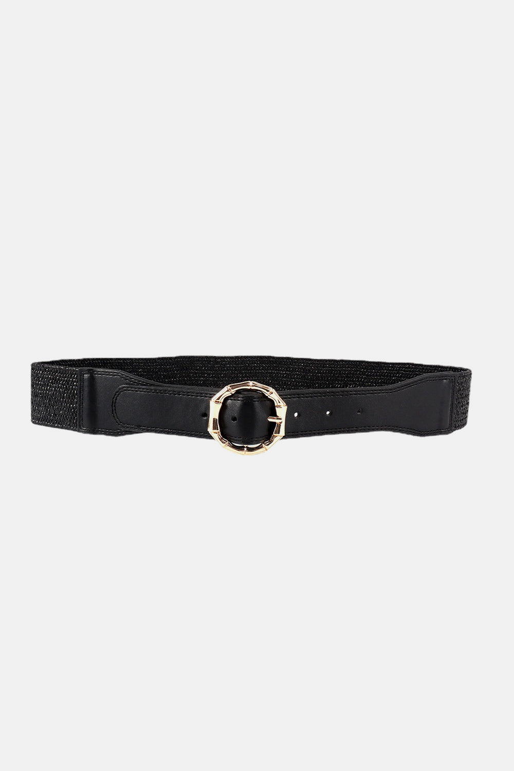Black braided belt with smooth PU accents, visible adjustment holes, and a rounded alloy buckle creating a polished, textured silhouette.
