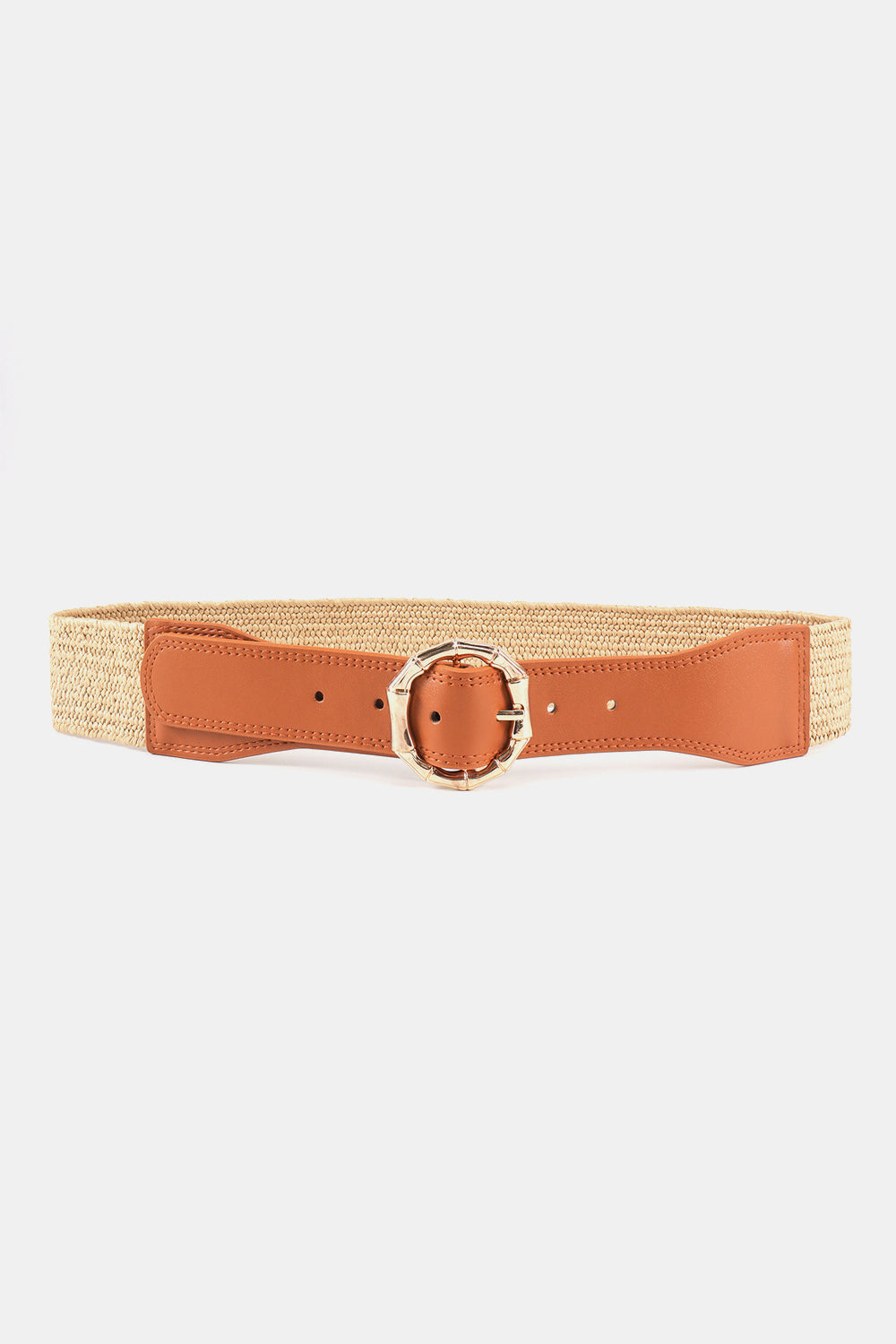 Tan braided belt with a woven texture, brown PU front accents, stitched edges, adjustable holes, and a rounded alloy buckle.
