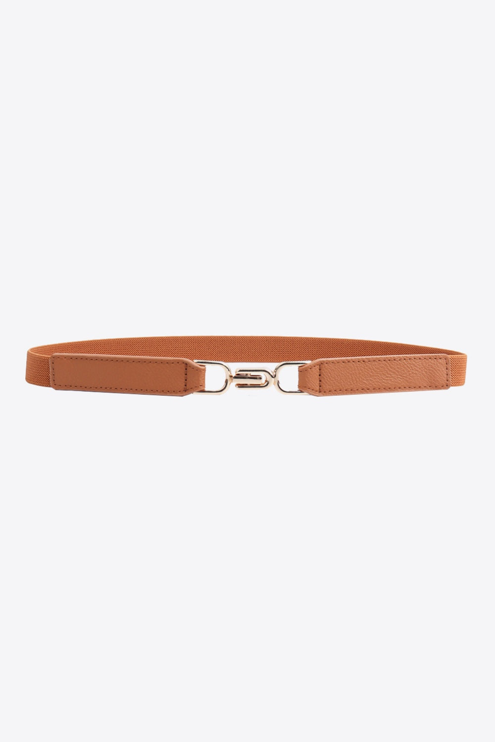 Slim brown elastic PU belt with stitched edges and a polished alloy interlocking buckle, shown fastened in a clean, refined silhouette.