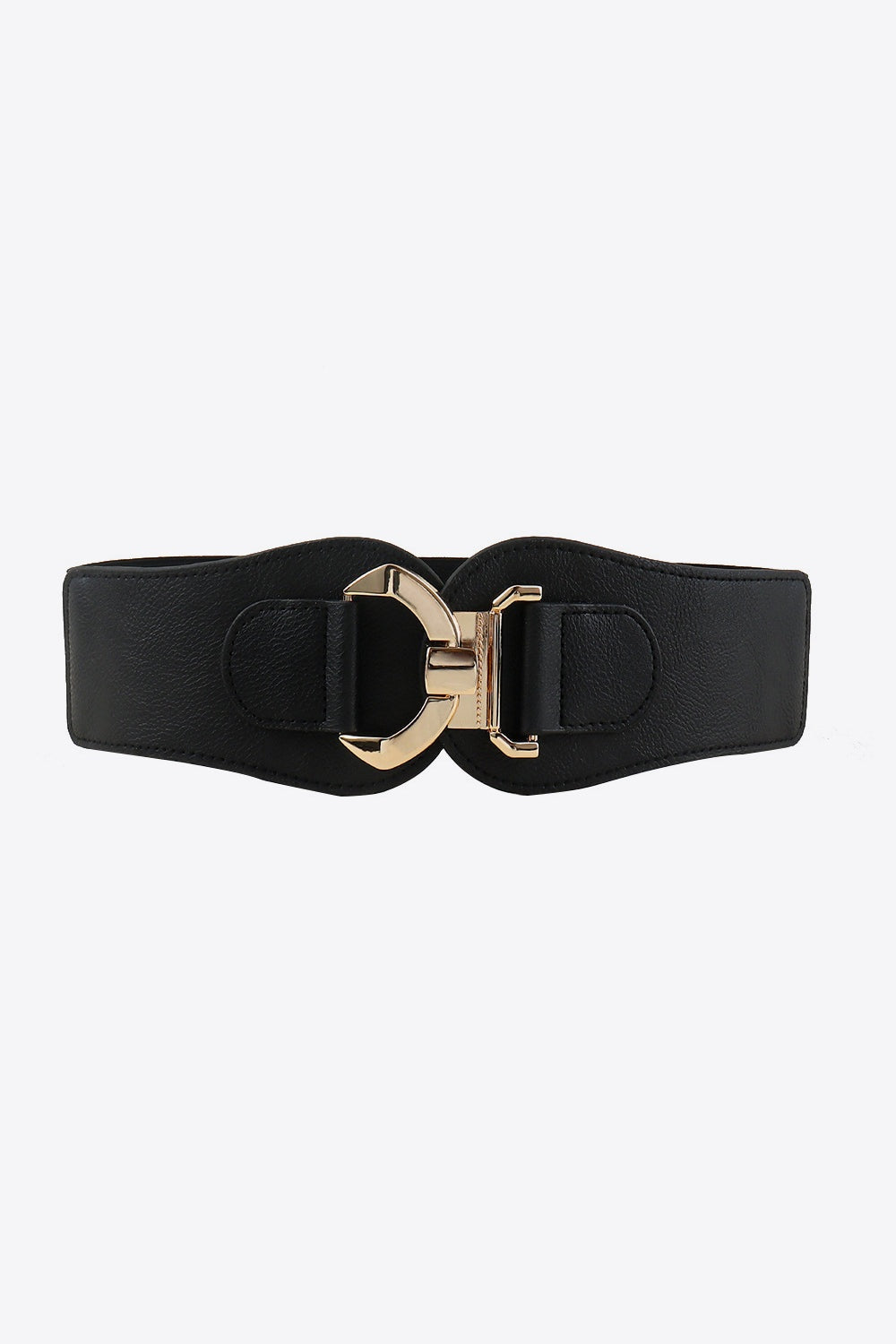Black broad elastic belt with curved ends, a structured PU silhouette, and a distinctive polished alloy buckle at the center.