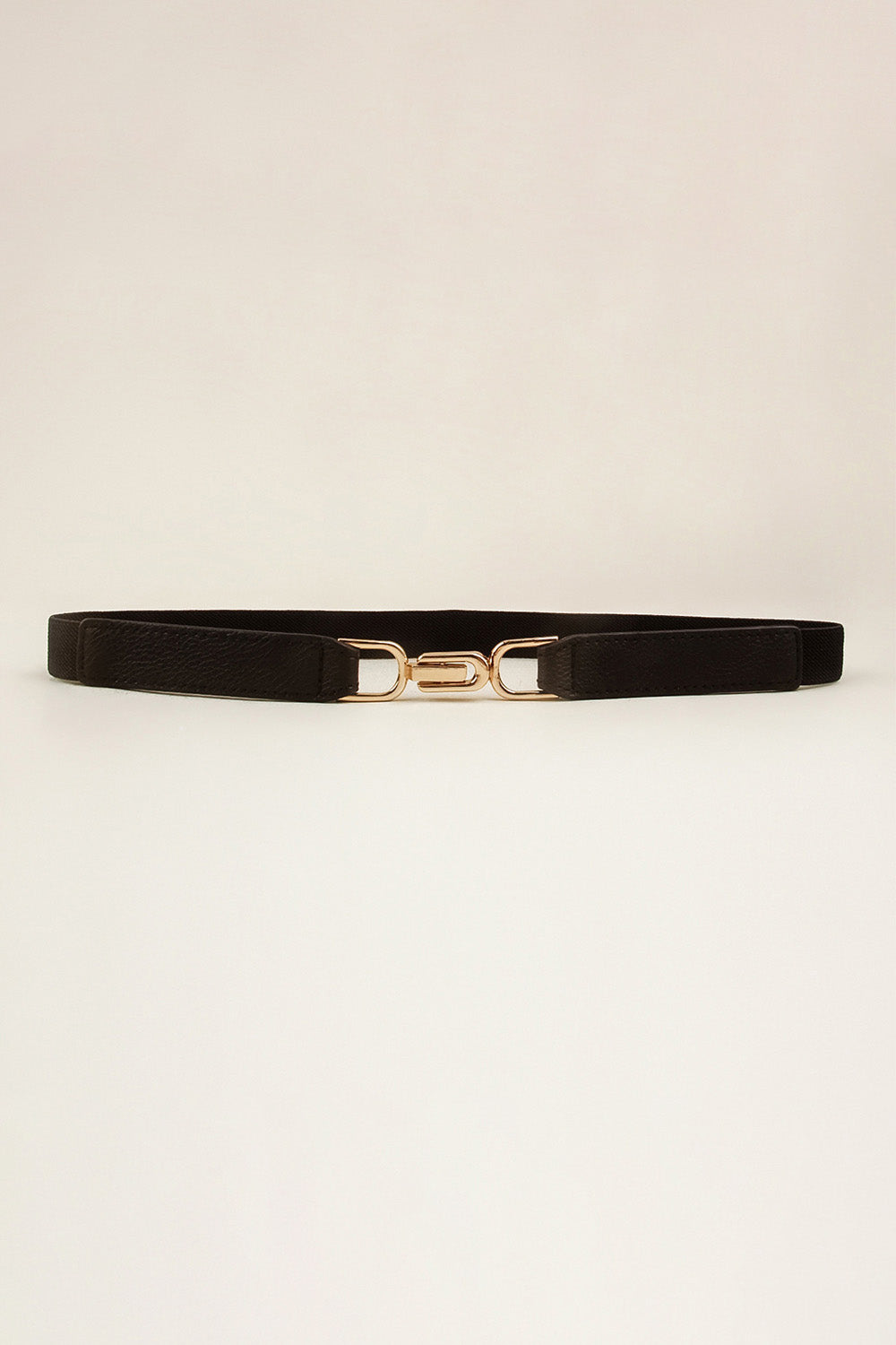 Slim black elastic belt with a textured PU finish, visible stitched edges, and a polished alloy interlocking buckle.