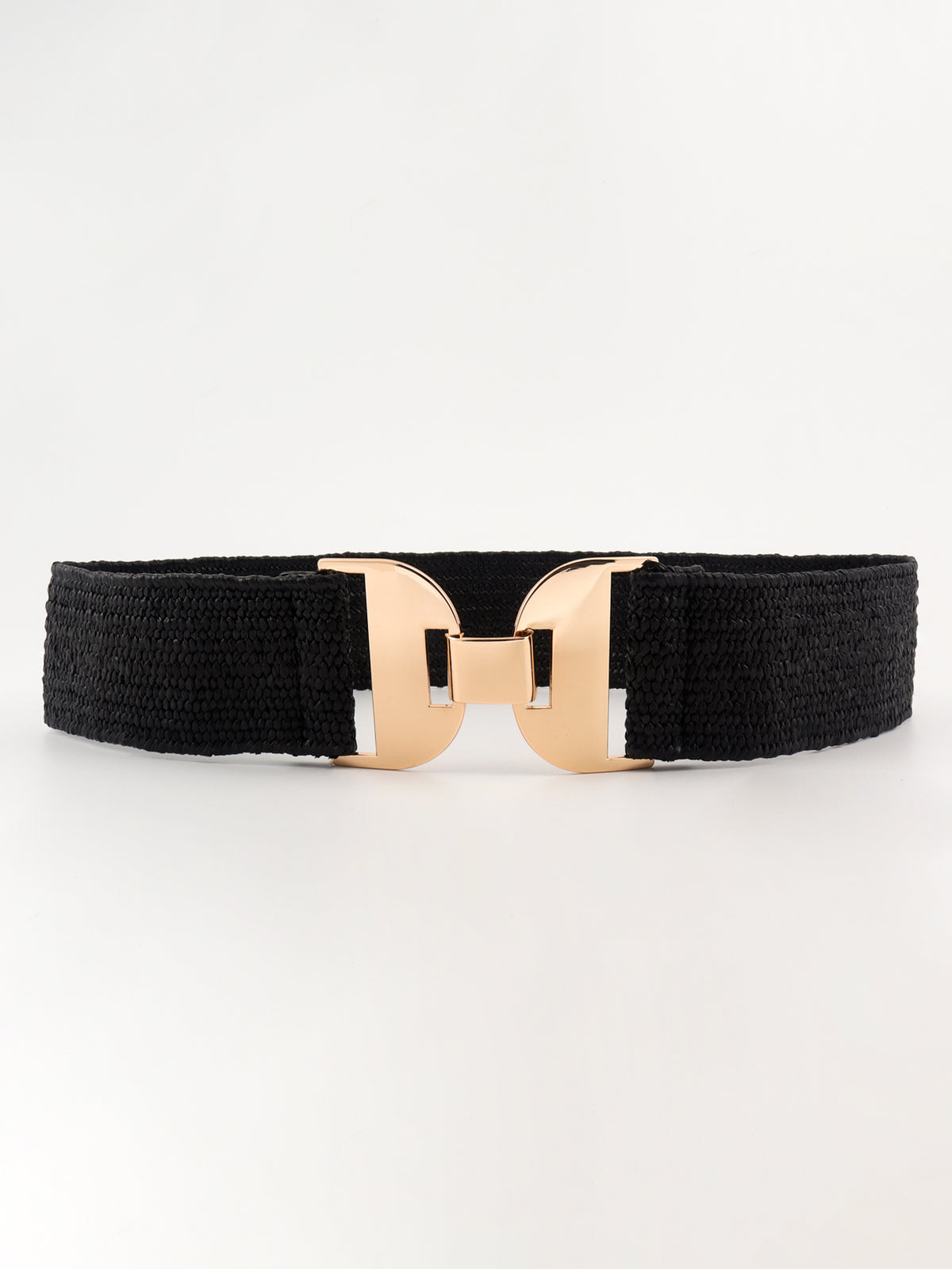 Black woven elastic belt with textured rubber ribs and a polished sculptural alloy buckle in a bold symmetrical silhouette.