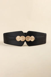 Black wide PU elastic belt with a structured silhouette, stitched edges, and a prominent alloy buckle featuring overlapping round accents.