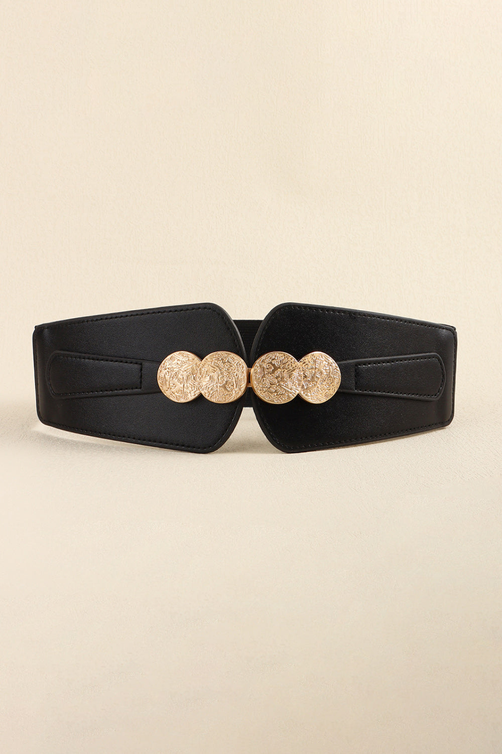 Black wide PU elastic belt with a structured silhouette, stitched edges, and a prominent alloy buckle featuring overlapping round accents.