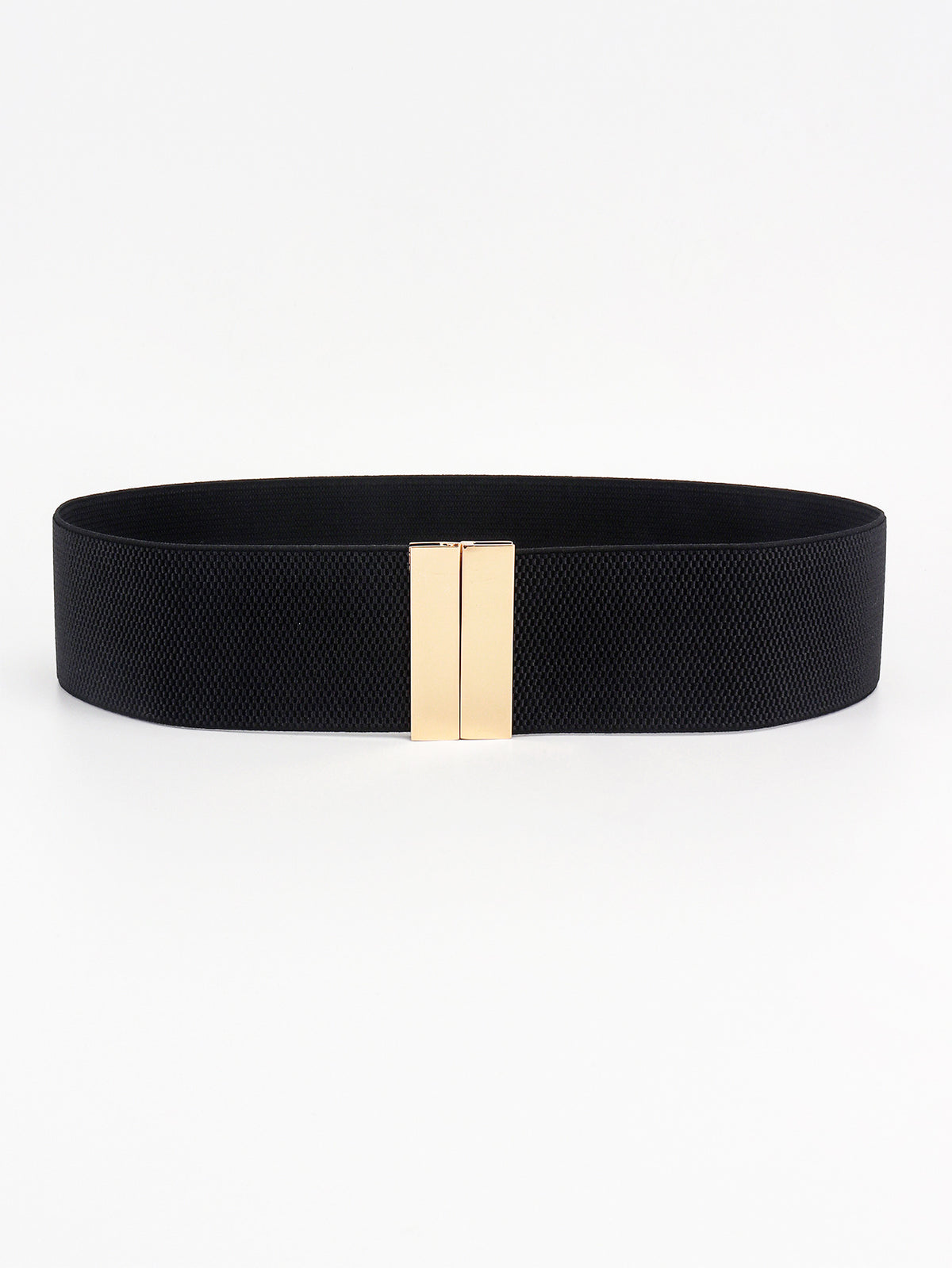 Wide black elastic belt with a textured woven finish and centered rectangular gold-tone alloy buckle, shown in a simple front-facing product view.