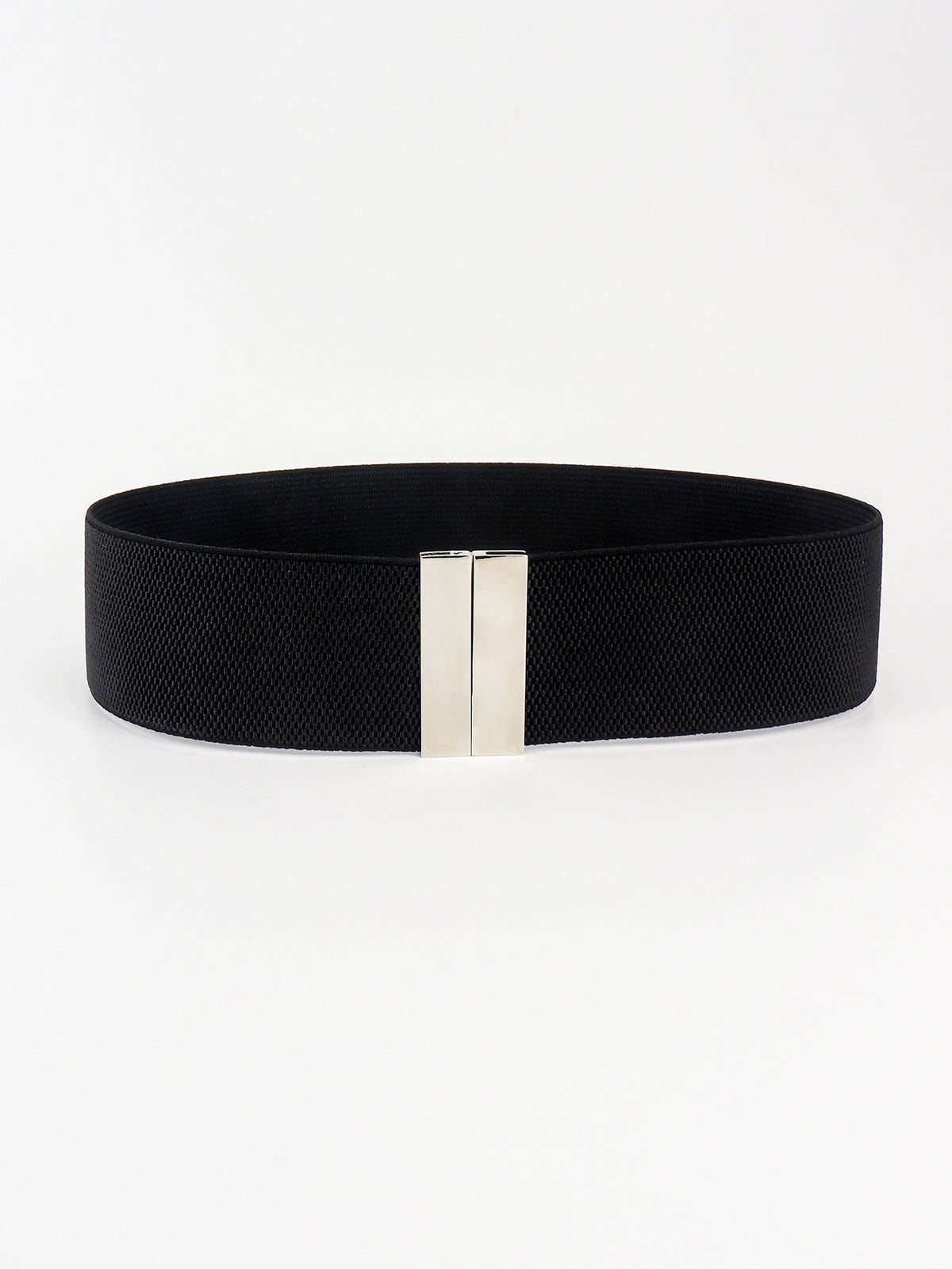 A wide black elastic belt with a textured woven band and polished rectangular alloy buckle, designed to define the waist with a clean, structured silhouette.