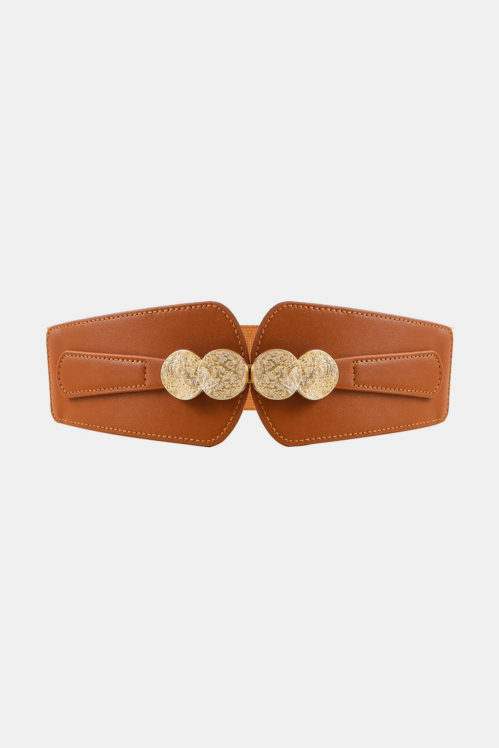 Brown wide PU elastic belt with stitched edges and a prominent alloy buckle featuring overlapping round accents for a structured waist-defining silhouette.