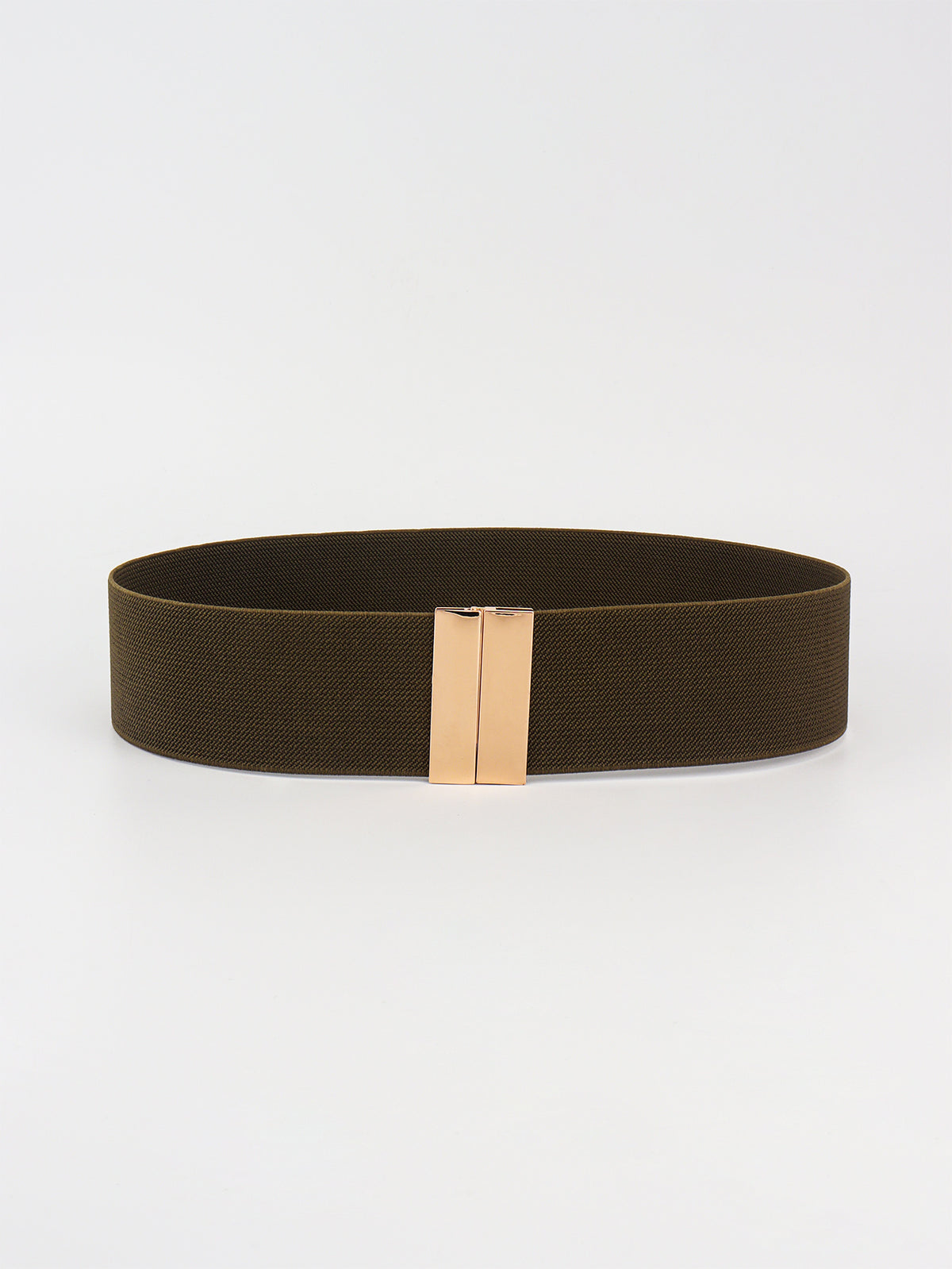 Wide dark olive-brown elastic belt with a broad 2-inch band and polished gold-tone alloy buckle, shown in a structured looped silhouette.
