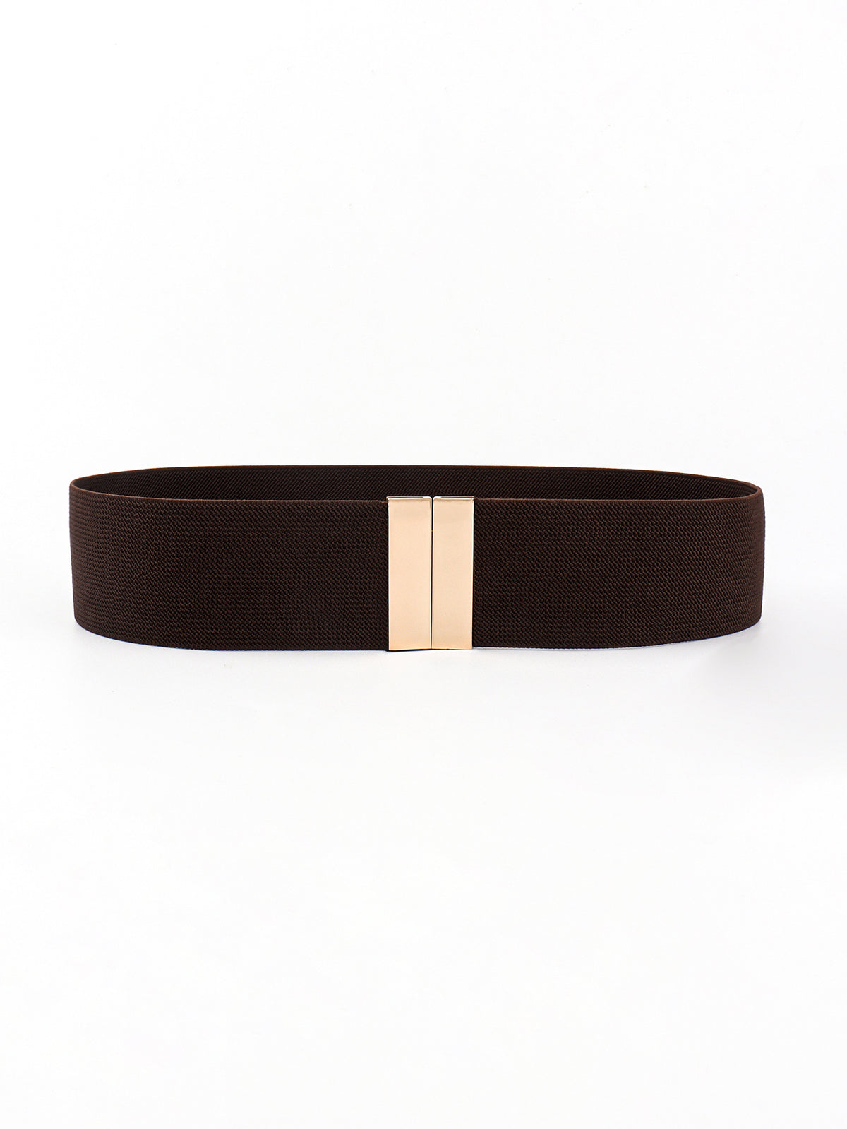 Wide dark brown elastic belt with a structured 2-inch band and polished rectangular alloy buckle for defining the waist.