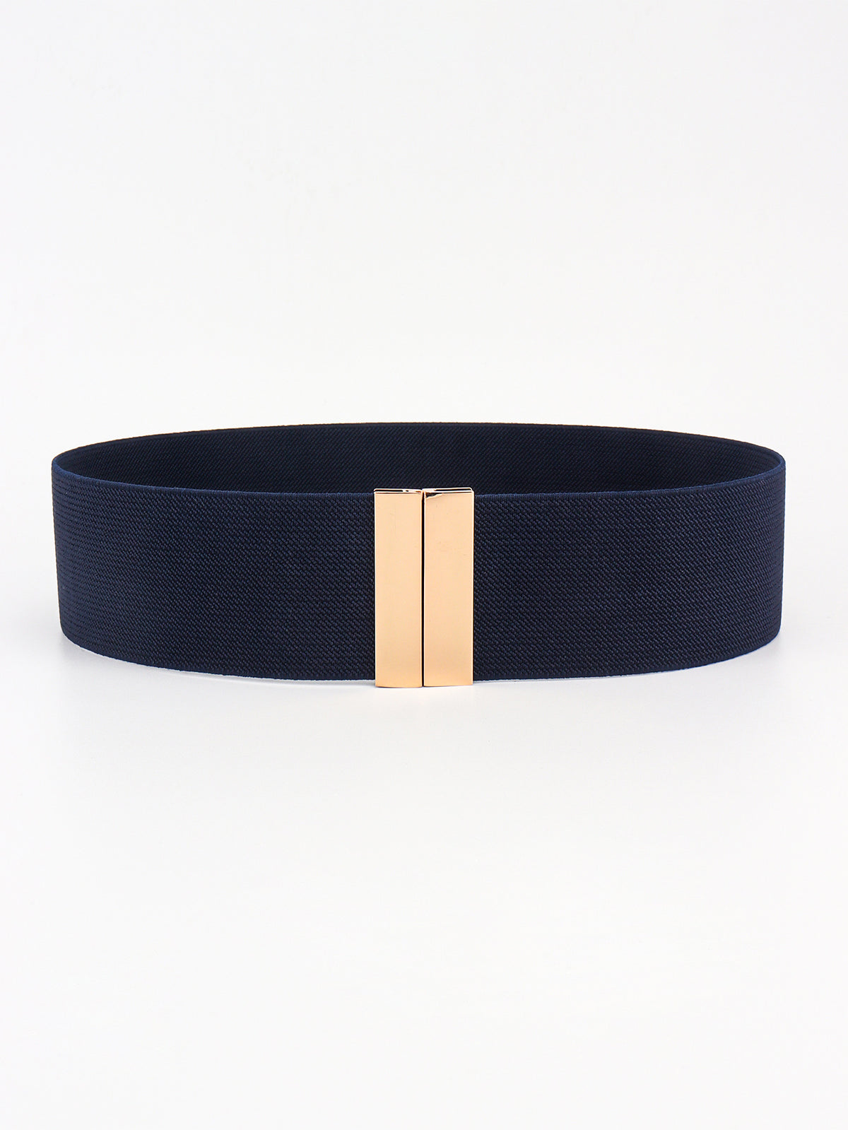 Wide navy elastic belt with a structured 2-inch silhouette and polished rectangular alloy buckle, shown flat to highlight its clean construction.