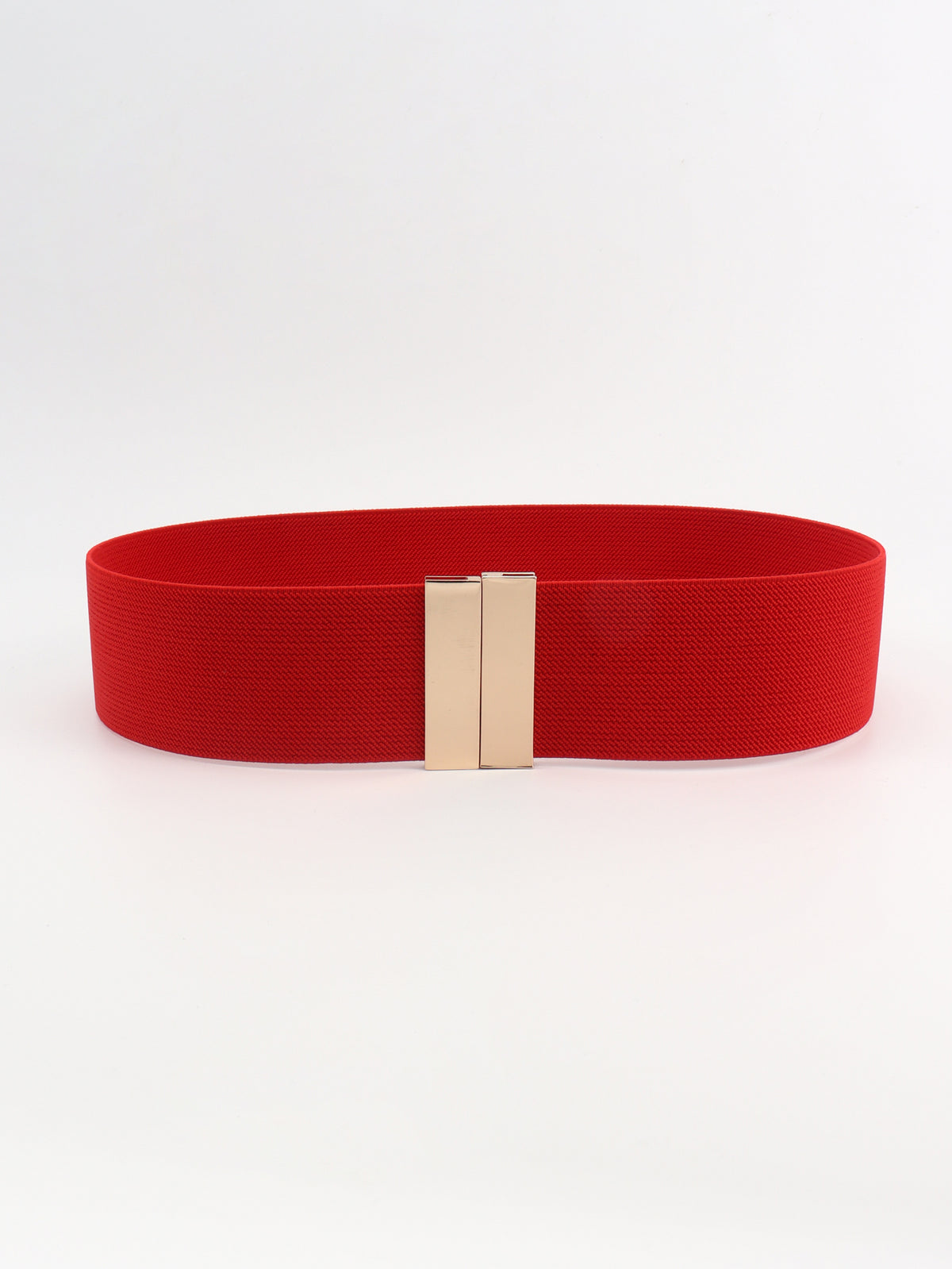 Wide red elastic belt with a structured 2-inch band and sleek rectangular alloy buckle, displayed front-facing to highlight its polished construction.
