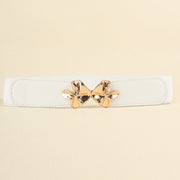 White PU elastic belt with a wide, clean silhouette, stitched edges, and a sculptural polished gold-tone alloy buckle at the center.