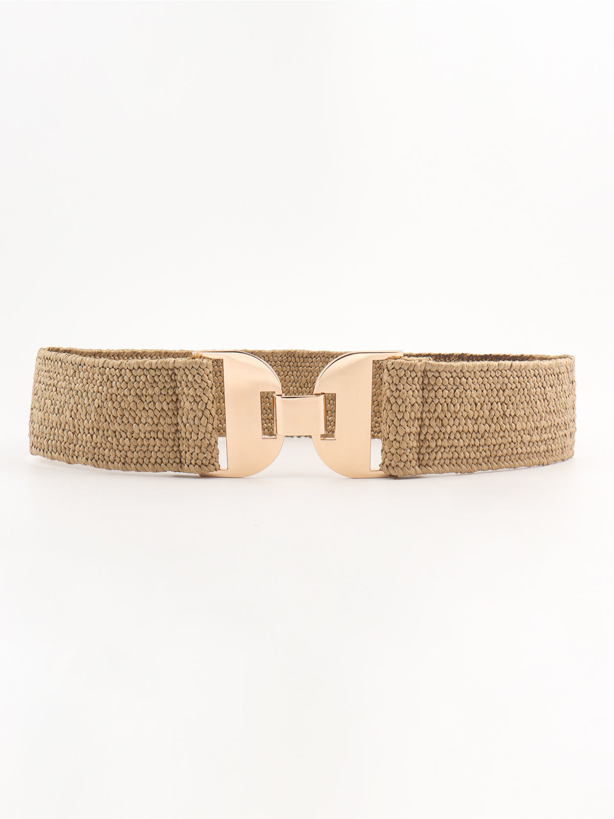 Wide tan woven elastic belt with a textured band and polished sculptural alloy buckle, shown flat to highlight its broad waist-defining silhouette.