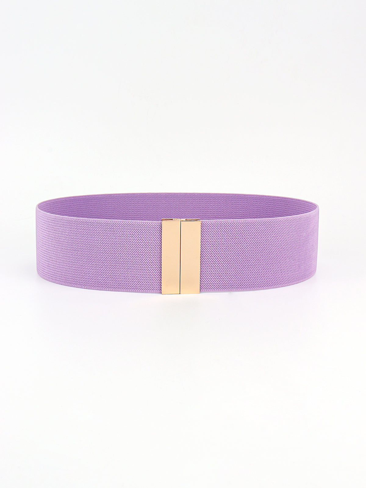 A wide lavender elastic belt with a structured silhouette and polished alloy buckle, shown front-facing to highlight its clean, waist-defining construction.