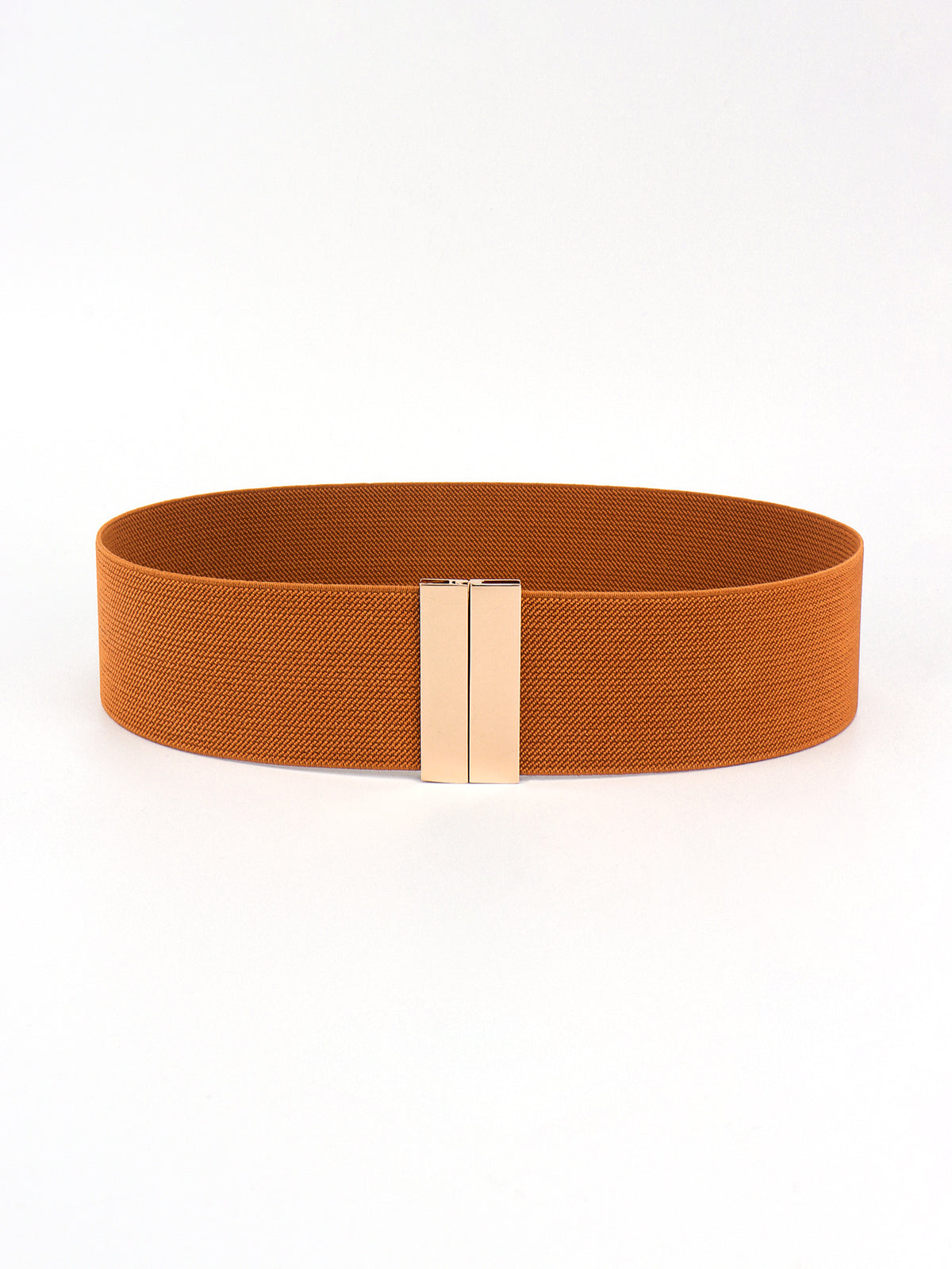 Wide brown elastic belt with a structured 2-inch silhouette, finely woven texture, and a streamlined rectangular alloy buckle.