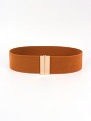 Wide brown elastic belt with a structured 2-inch silhouette, finely woven texture, and a streamlined rectangular alloy buckle.