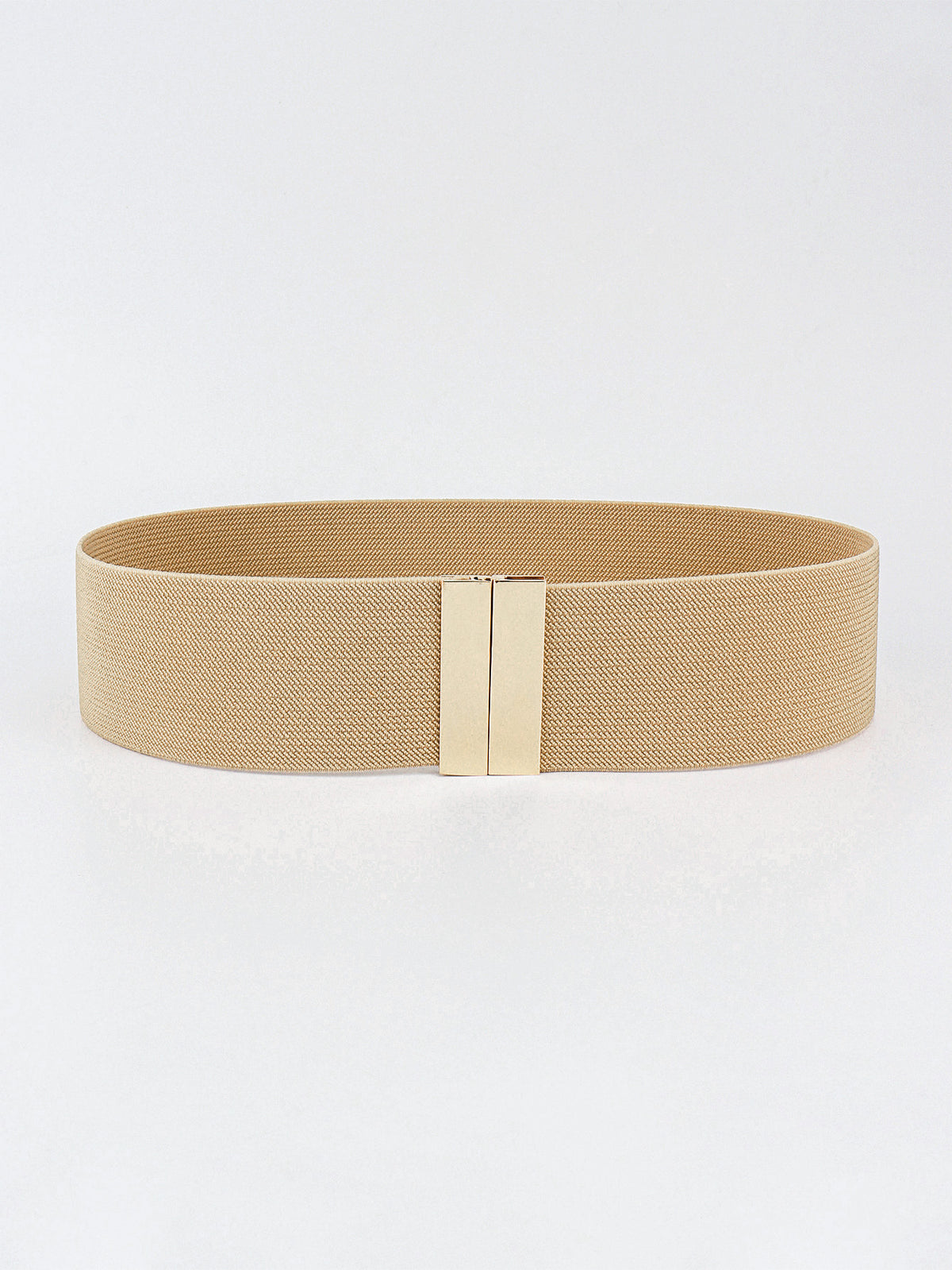Wide beige elastic belt with a structured 2-inch silhouette and streamlined rectangular alloy buckle centered at the front.