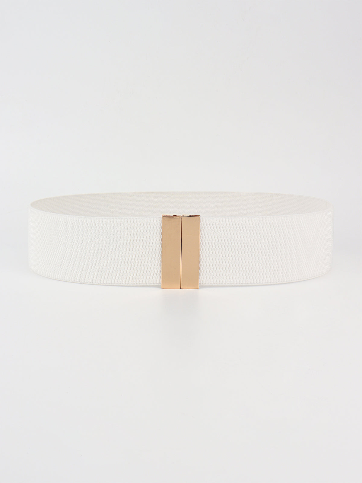 A wide white elastic belt with a textured band and polished gold-tone alloy buckle, creating a clean, structured silhouette around the waist.