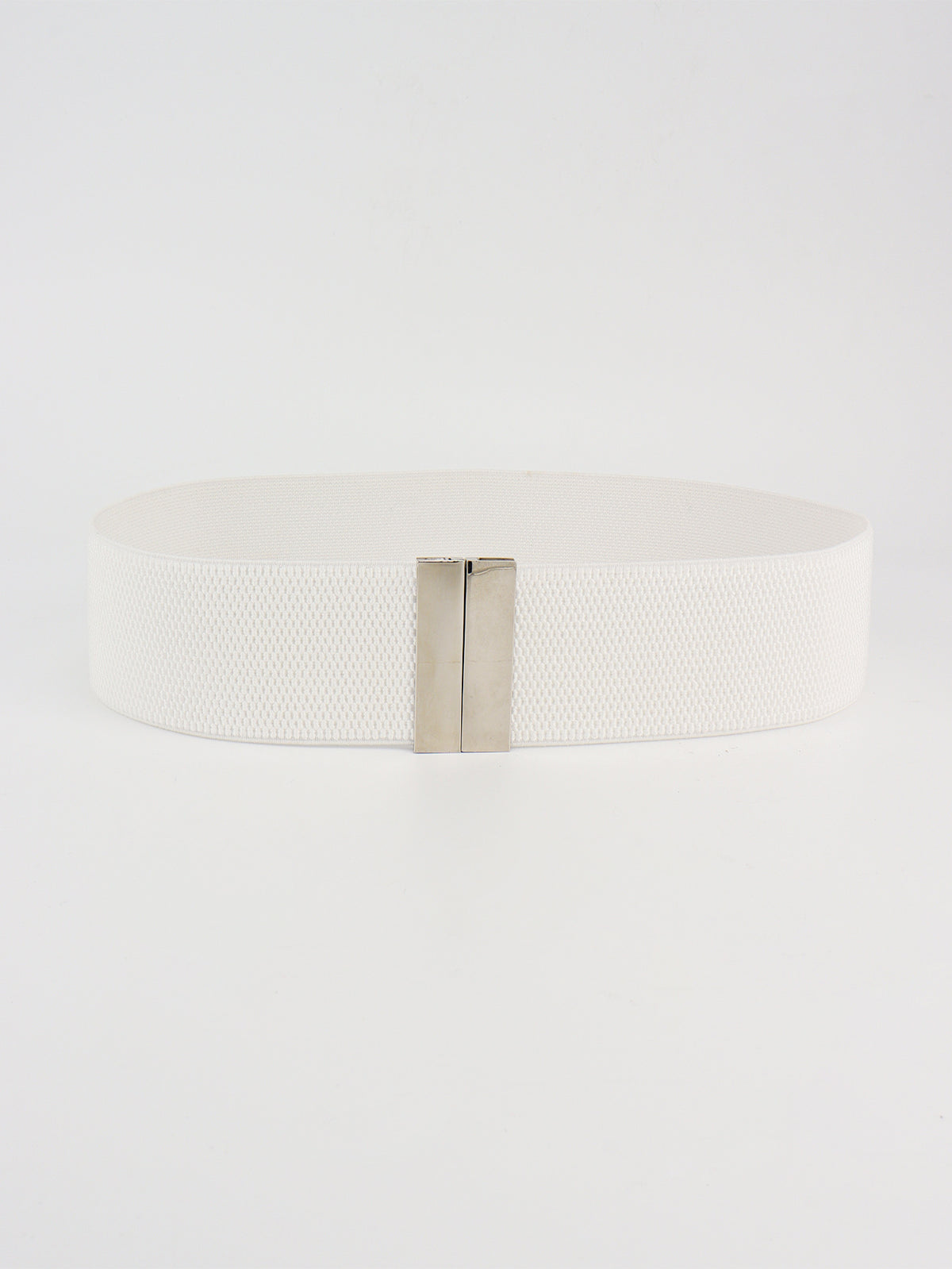 Wide white elastic belt with a textured 2-inch band and streamlined rectangular alloy buckle, designed to define the waist with a polished, structured finish.