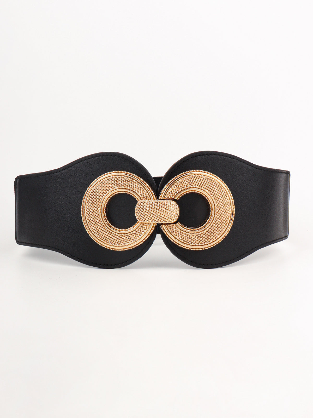 Wide black elastic PU belt with a sculptural silhouette, stitched edges, and an oversized alloy buckle featuring two interlocking textured gold-tone circles.
