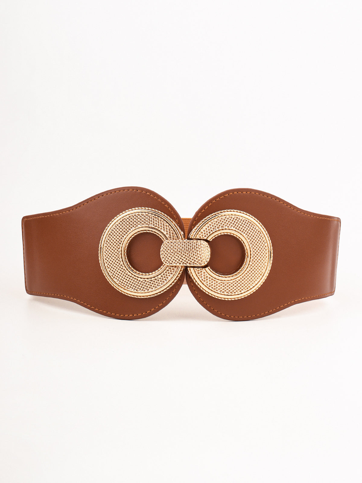 Wide brown PU belt with stitched edges and a sculptural gold-tone alloy buckle featuring two interlocking circular forms.